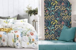 floral bedding, peel and stick wallpaper