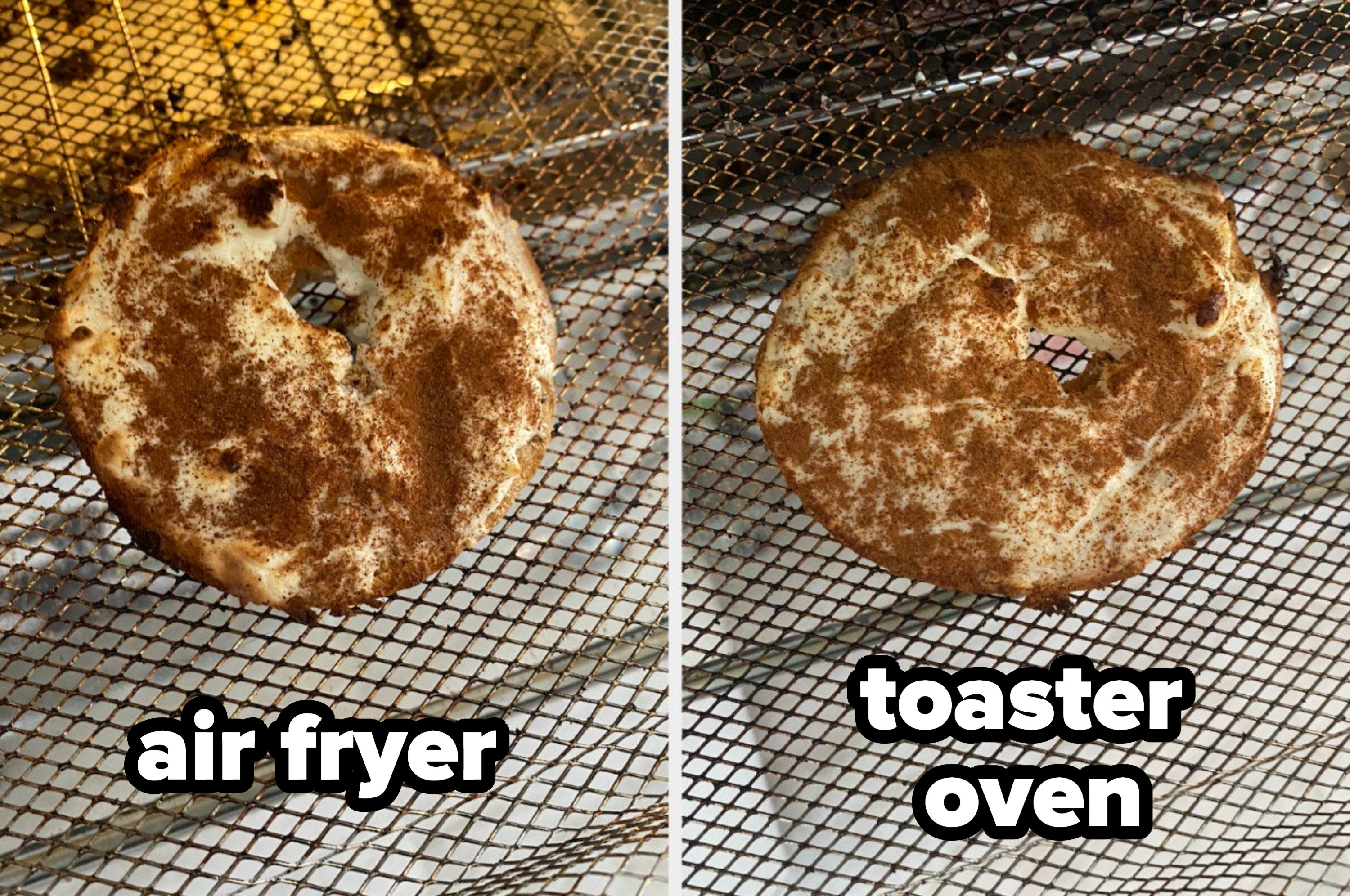 Two very similar-looking bagel slices, one from an air fryer, one from a toaster oven, on wire racks
