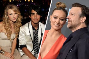 Two split photos featuring Taylor Swift, Joe Jonas; and Olivia Wilde and Jason Sudeikis