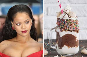 在左侧，蕾哈娜（Rihanna）和右边是一个极端的奶昔