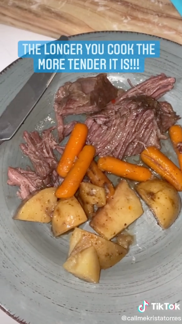 The meal plated with the caption: &quot;The longer you cook the more tender it is&quot; with ingredients, including meat, potatoes, and potatoes, on a dish