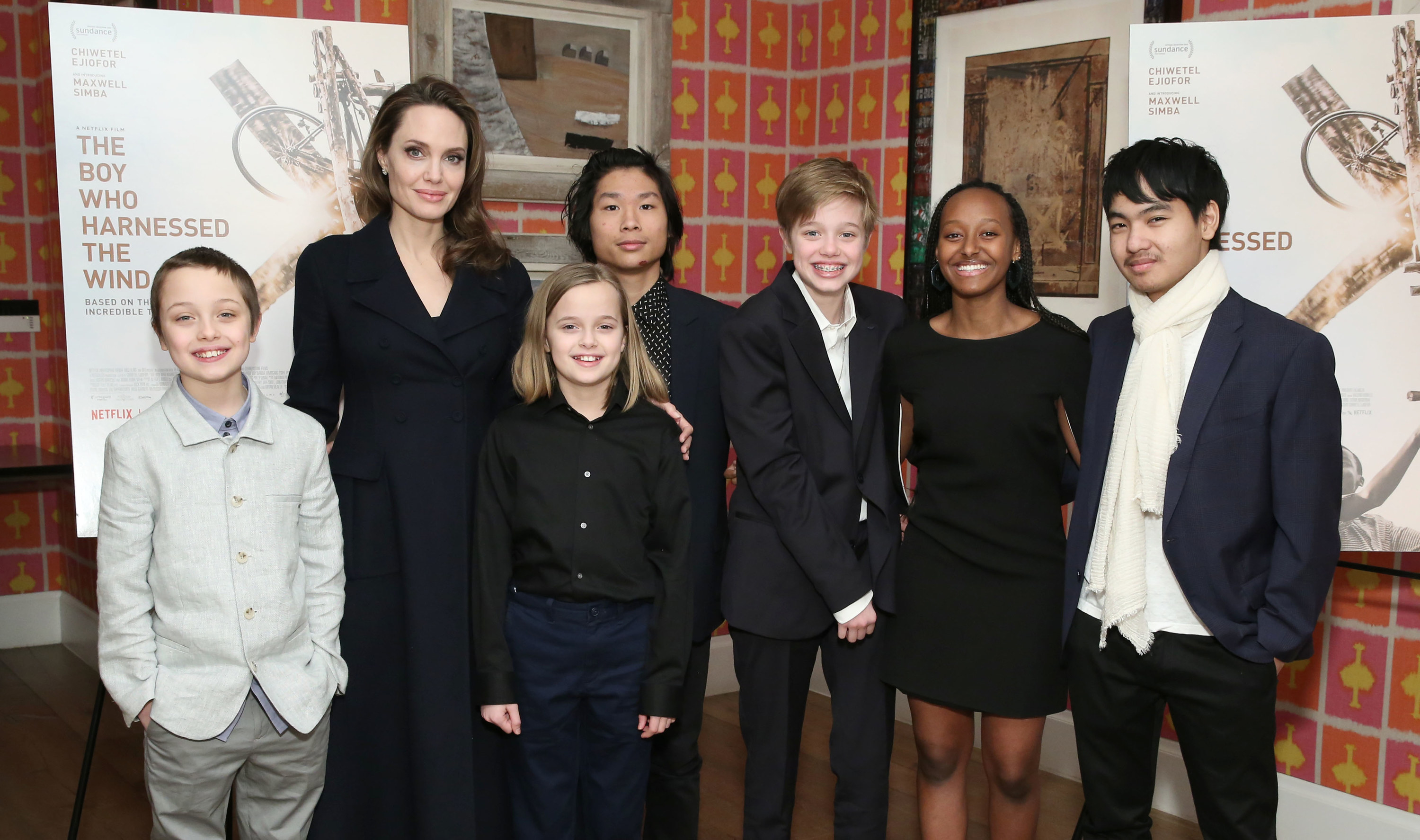 Angelina Jolie poses with her children, Knox, Vivienne, Pax, Shiloh, Zahara and Maddox at the &quot;Boy Who Harnessed The Wind&quot; screening in 2019