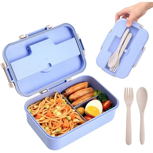Blue bento box with food inside
