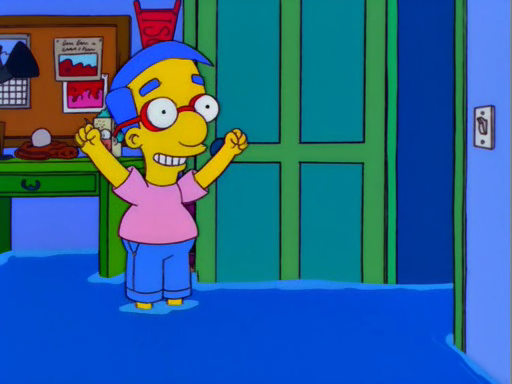 Milhouse stands in his room, there&#x27;s flooding up to his ankles, he&#x27;s wearing short cut-off pants
