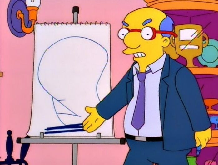 Kirk Van Houten looks angry, gesturing at a giant notepad on an easel with a blue scribble on it