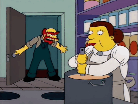 Lunch Lady Doris is stirring a giant pot on a stove, Groundskeeper Willie is standing at the door