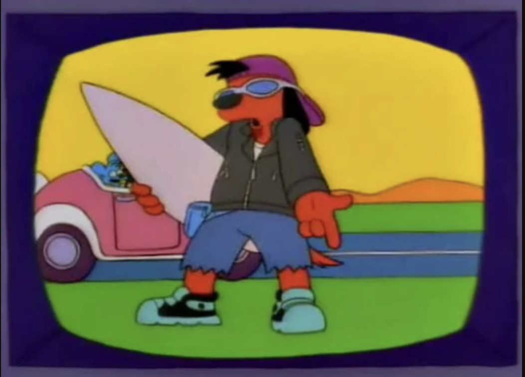 A TV showing a cartoon dog, wearing a backwards cap and sunglasses, holding a skateboard