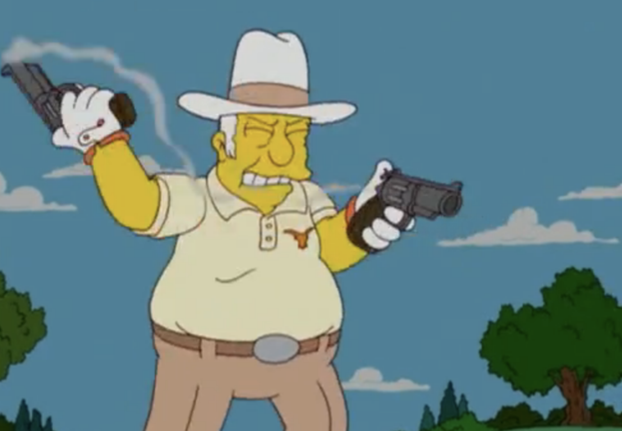 Rich Texan, a man in a polo shirt and tall white hat, holds two guns, one of which is smoking