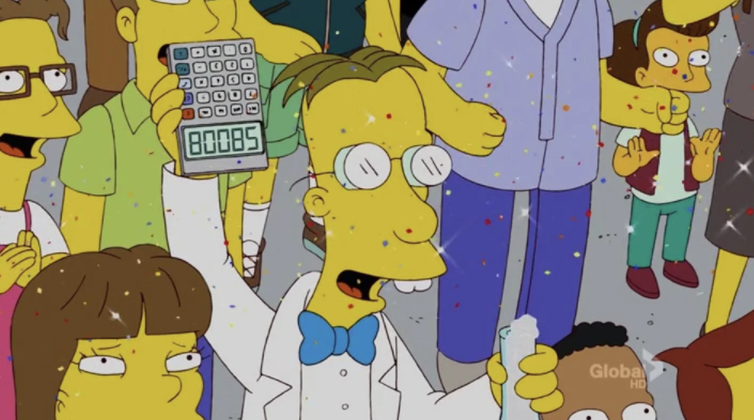 Professor Frink stands in a crowd, holding up a calculator that reads 80085, or &#x27;boobs&#x27;