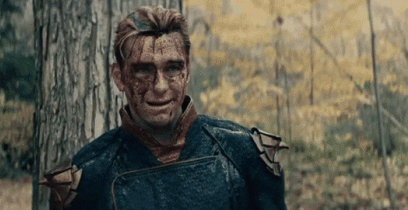 Antony Starr as Homelander crying and laughing covered in blood