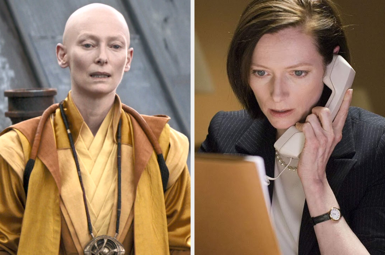 Tilda with a bald head for The Ancient One and talking on the phone in Michael Clayton