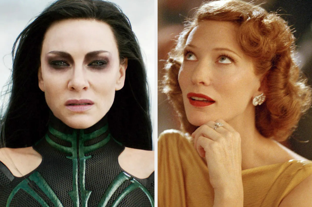 Grimacing as Hela and sitting pretty and looking up in Blue Jasmine