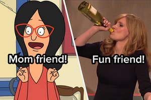 A close up of Linda Belcher as she smiles and Jessica Chastain drinks wine straight from the bottle