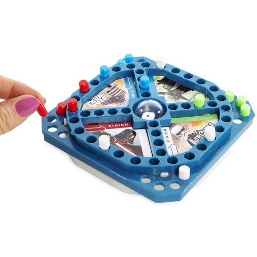 Travel size game of Trouble with fingers holding one the the pieces