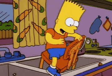Bart Simpson riding around on a wooden chair that&#x27;s spinning around in the garbage disposal