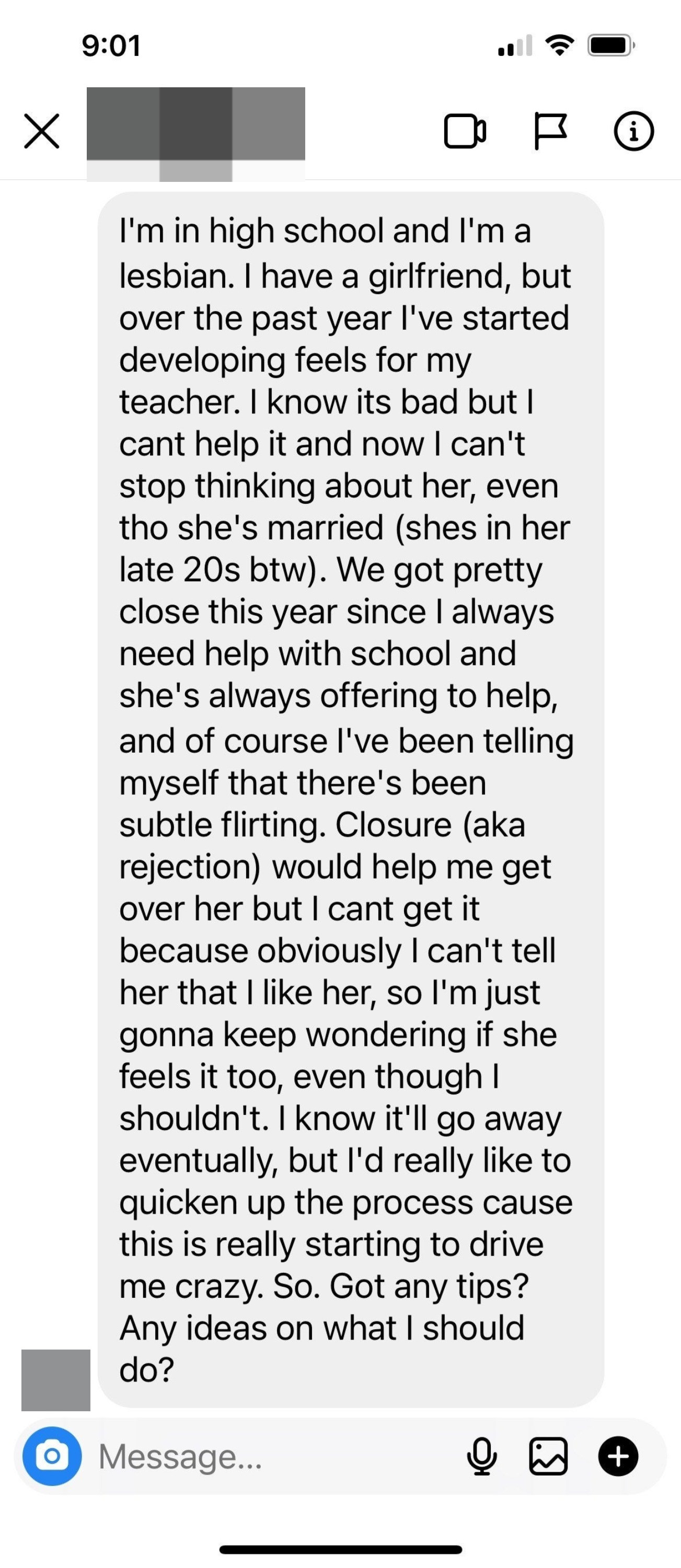 Instagram message that says a girl has a crush on her high school teacher and can&#x27;t tell if she&#x27;s flirting and wants closure
