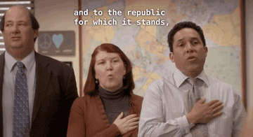 Kevin, Meredith, and Oscar from &quot;The Office&quot; doing the pledge allegiance with Oscar missing out &quot;under god&quot;