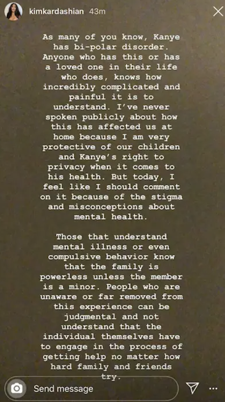 A screenshot of Kim&#x27;s Instagram story, in which she acknowledges the stigma of mental illness