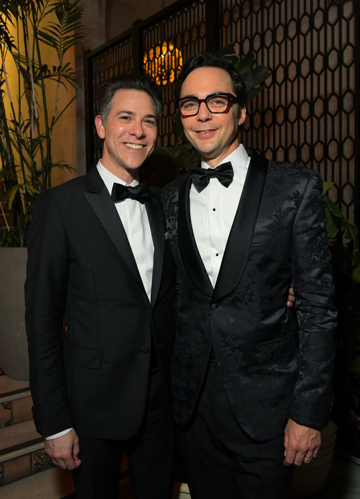 Todd Spiewak and Jim Parsons smile in tuxes