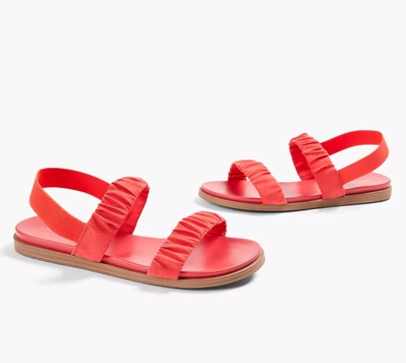 An image of a red, ruched slip-on sandals with 5mm of cushion padding