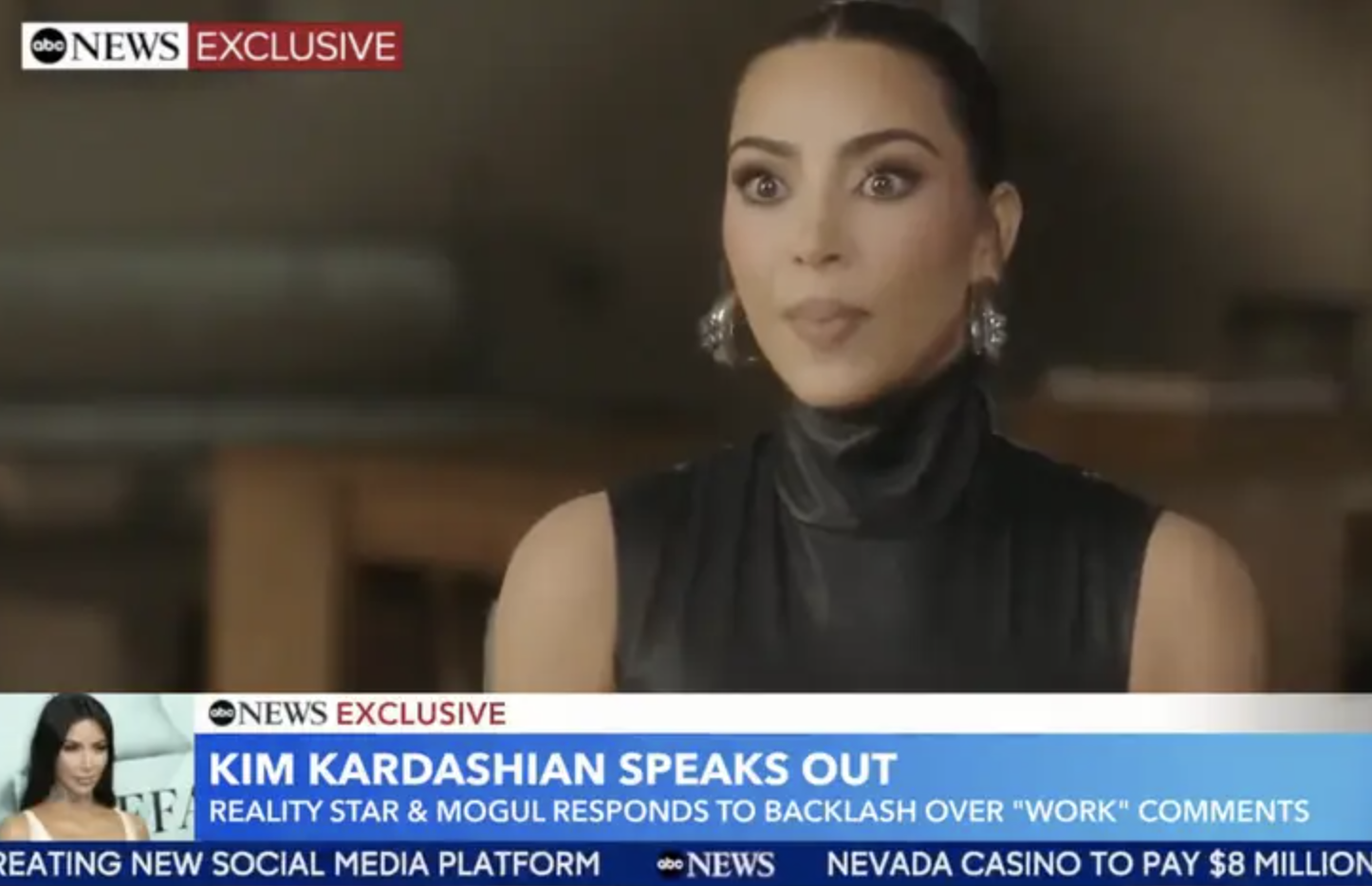 A still from Good Morning America shows Kim speaking to the camera above a chyron reading &quot;Kim Kardashian speaks out&quot;