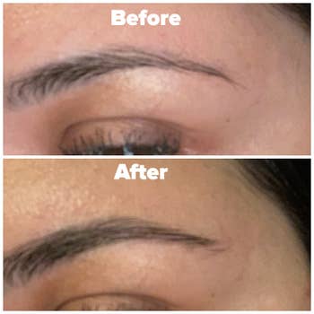 reviewer showing their brows before and after using the glue