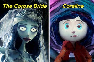 the corpse bride on the left and coraline on the right