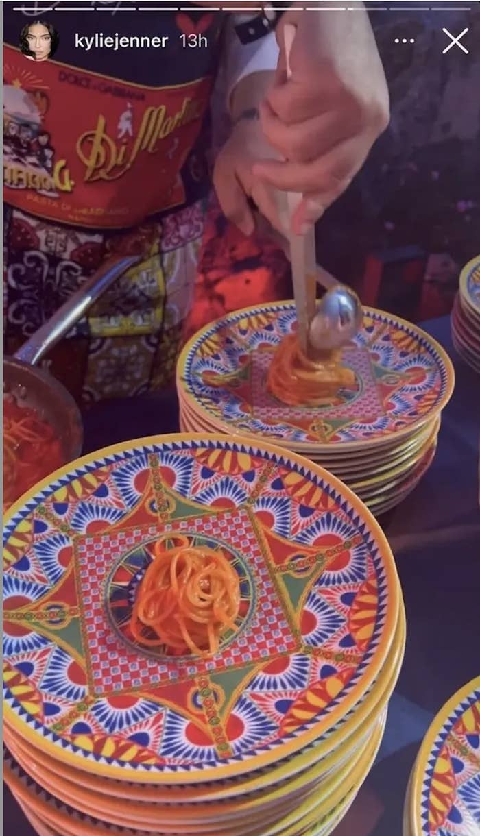 Screenshot from Kylie&#x27;s IG story showing a tiny portion of spaghetti on colorful plates