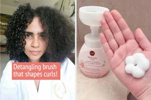 Reviewer's hair before and after using detangling brush/reviewers hand with flower-shaped soap foam