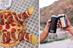 A person wearing pizza socks and two people cheersing their cans 