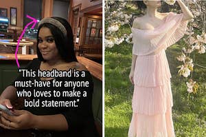 headband on the left and tiered pink dress on the right