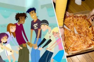 The friend group from the show "6teen" and hands take slices of cheese pizza from a box