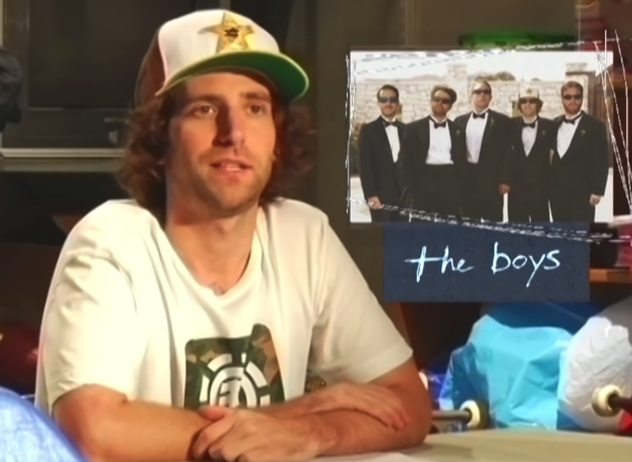 Kyle wears a snapback and reports next to an image of men wearing tuxedoes, labeled &#x27;the boys&#x27;