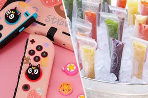 A Nintendo Switch joystick with thumb grumps on it A bunch of freezies in a metal cooler