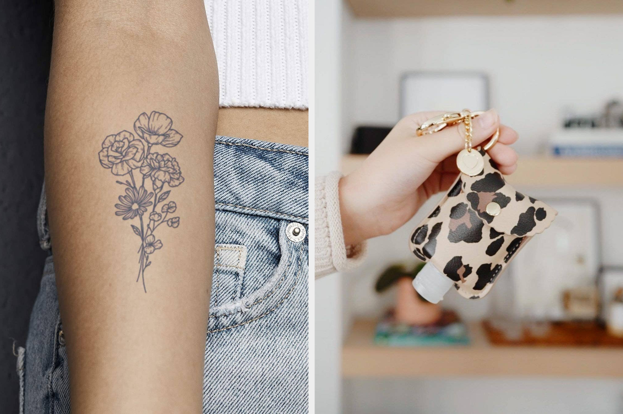 A person with a flower tattoo on the inside of their arm, A person holding a tiny bottle of hand sanitizer in a pouch with a keychain