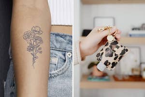 A person with a flower tattoo on the inside of their arm, A person holding a tiny bottle of hand sanitizer in a pouch with a keychain