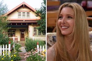 A cottage with multiple flower bushes in front of it and a close up of Phoebe Buffay smiling