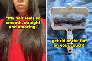 on the left a reviewer with long straight hair and text that reads "my hair feels so smooth, straight and amazing"; on the right a chomchom roller