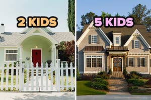 On the left, a bright, tiny home with a pickett fence out front labeled 2 kids, and on the right, a suburban home with stone steps leading up to the double doors labeled 5 kids