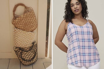 left image: sedona woven bags, right image: model wearing plaid cami 