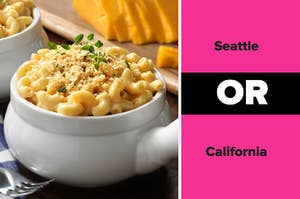 A bowl of mac and cheese is on the left with "Seattle" or "California" written on the right