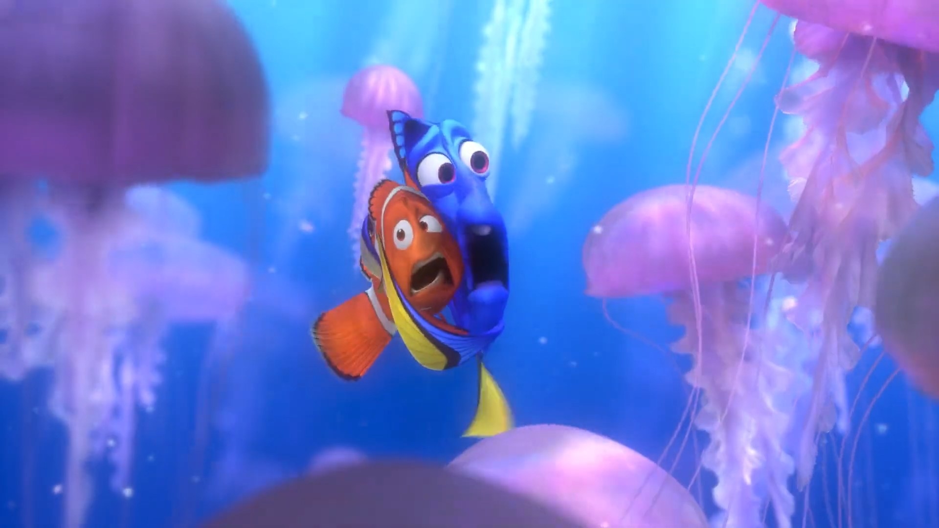 Marlin and Dory screaming in the jellyfish forest in &quot;Finding Nemo&quot;