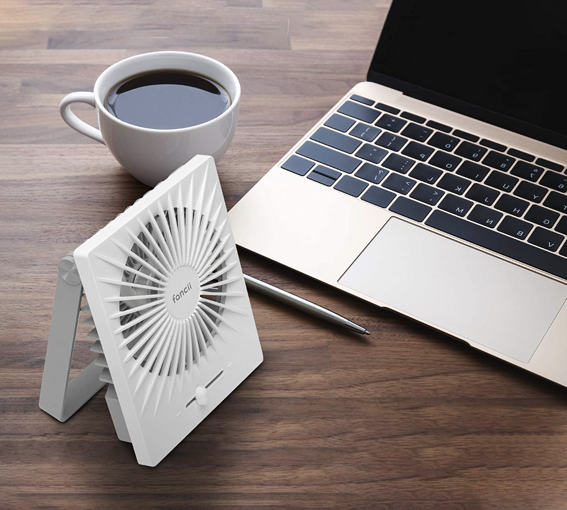 The fan in front of a laptop on a desk