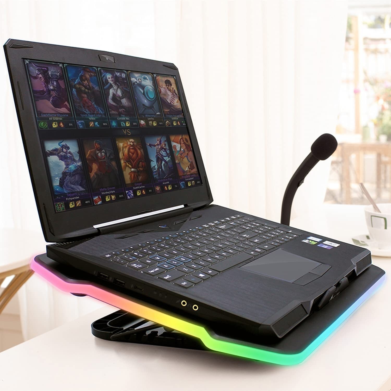 A gaming laptop on the laptop cooler