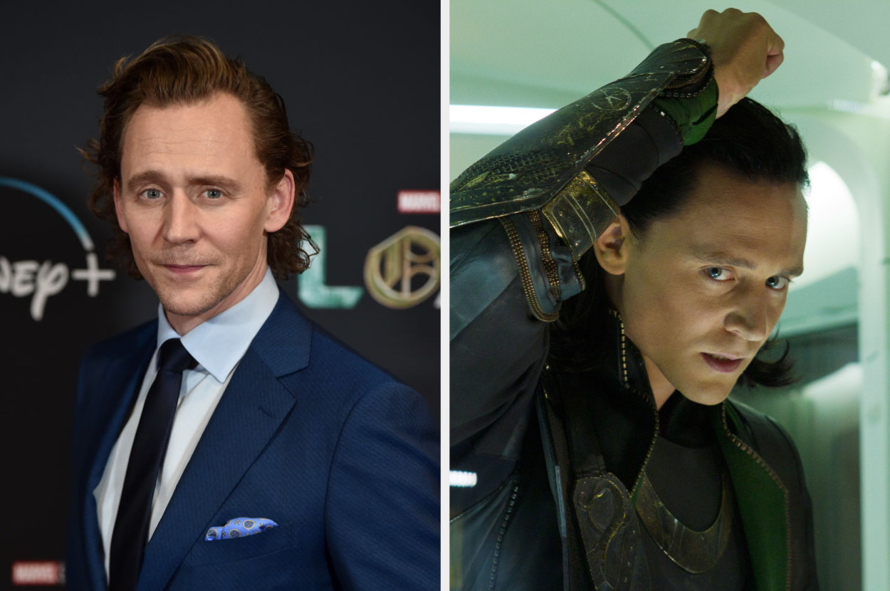 side by side of Tom at an event and as Loki