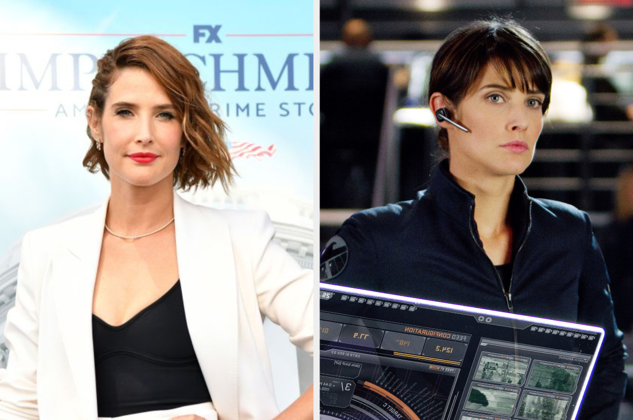 side by side of Cobie at an event and as Maria Hill