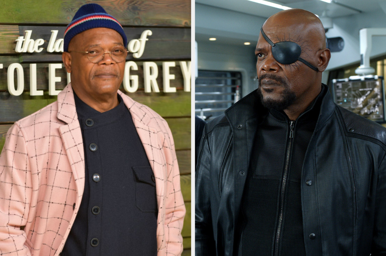 side by side of Samuel at an event and as Nick Fury