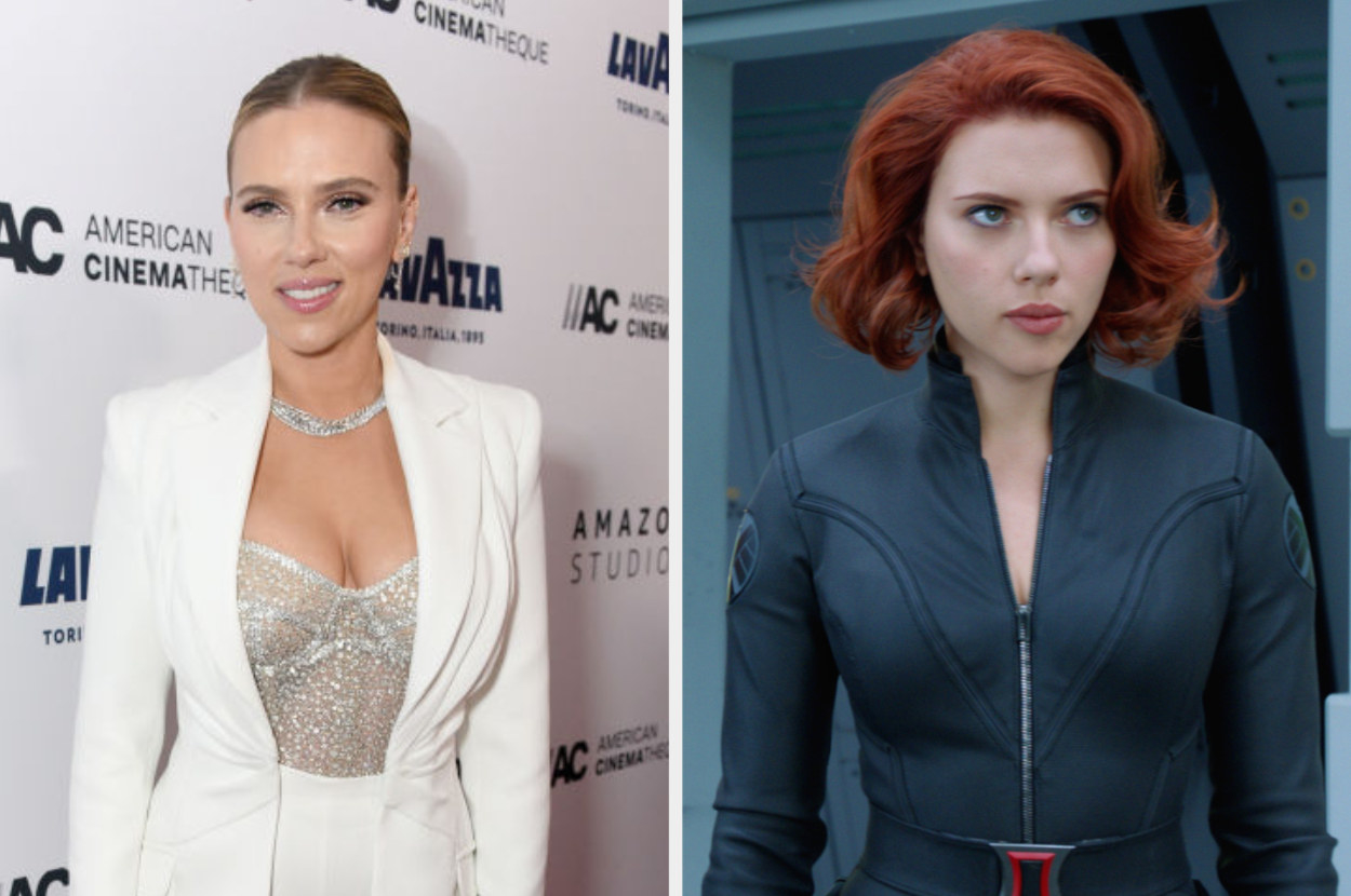 side by side of Scarlett at an event and as Black Widow