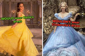 在左边,艾玛·沃森在《美女与野兽》美女标记将美女穿的衣服,右边,莉莉詹姆斯这样的灰姑娘标签不会穿灰姑娘的衣服