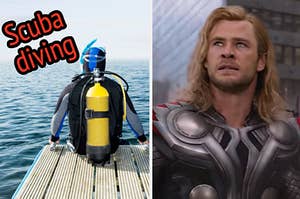 A man is on a ledge labeled, "scuba diving" with Thor on the right